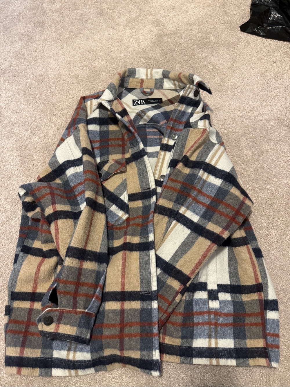 ZARA Beige Plaid Utility Jacket with Navy & Rust Checks